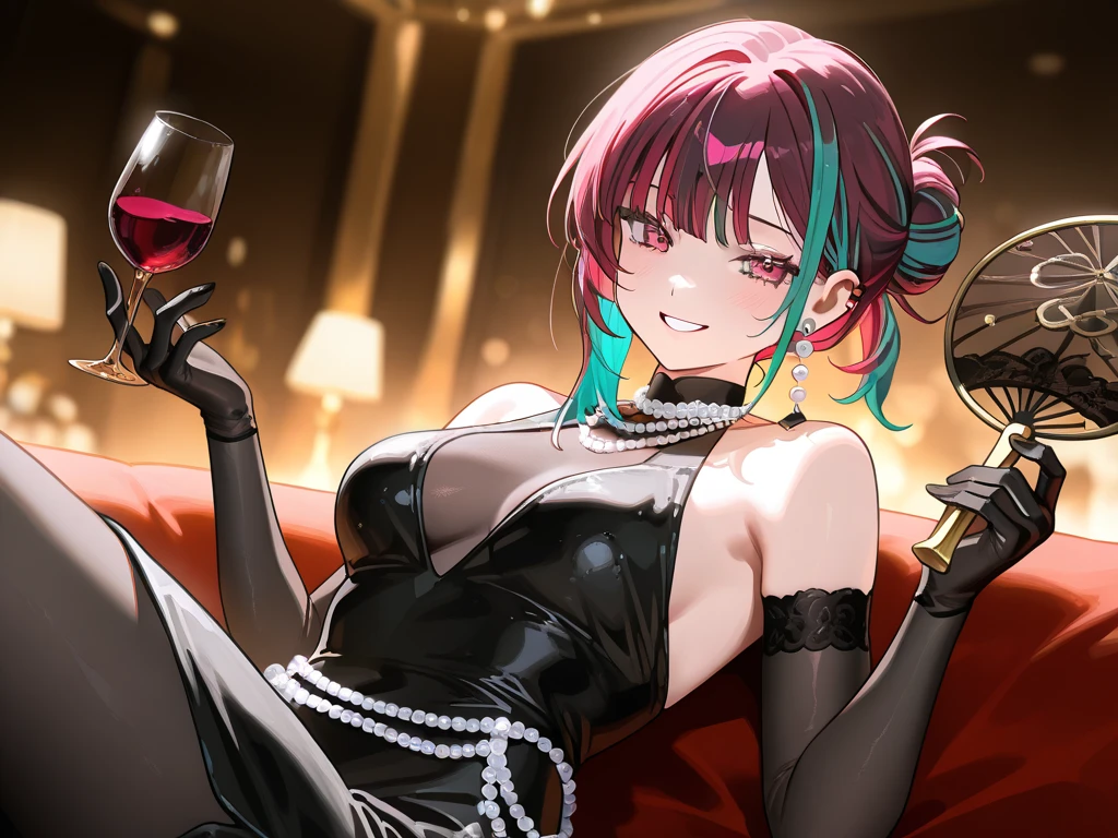 demon girl with white skin and small, pointed ears wearing a bunny suit, and brown pantyhose, black leotard, and pink heels, and crimson ears. ruby-colored diamonds on the cheeks, and decorations on the legs of the leotard, and a seductive smile with a glass of wine in her hand, giving a toast to the viewer. atmosphere: bar strippers bunnies