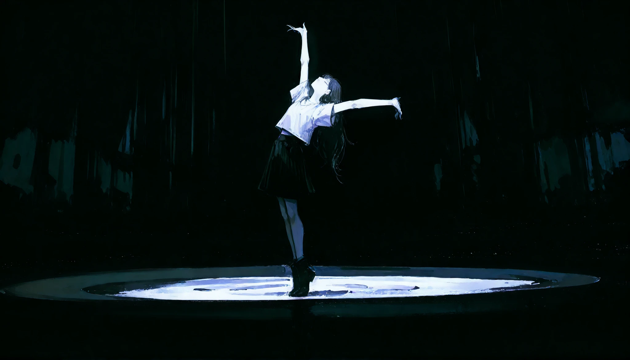 (1girl:1.5), conceptual black and white manga illustration, high contrast ink drawing with slight color nuance. A distant, wide shot of a lone woman levitating in a vast, empty space. Her body floats upright in perfect stillness, gently pulled upward as if being silently abducted by an invisible force — no spaceship, no light beam, no source. Her long hair and flowing clothes are weightless, stretching upward, following the force that lifts her. Her arms hang limply at her sides, head tilted slightly back, eyes closed or obscured by distance, as if surrendering to something greater. The scene is silent and dreamlike. The background is pure black tinted subtly with a dark green hue — almost imperceptible, but enough to give visual depth and atmosphere. The woman is the only figure in the image, framed small at the center of a massive vertical composition, emphasizing her vulnerability and isolation. No ground, no sky, no stars — only void. The entire scene feels like a spiritual ascension or dissociation. The style is purely black and white ink, with minimal use of greenish undertone in the darks. The camera is extremely far, placing the character as a tiny, floating figure in a sea of nothingness. Inspired by conceptual manga art, haunting and quiet, emotionally powerful and introspective. Fibonacci spiral composition pulling the viewer’s eye to the floating figure. Ethereal and symbolic.