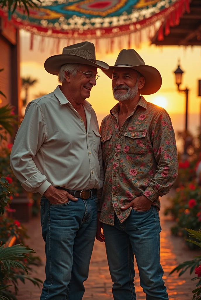 Two lumberjack-style men, burly, plaid shirt and battered jeans, safari boots, passionately. Posing for the camera, looking at the camera hugging behind, smiling, at sunset on a rustic wooden balcony.