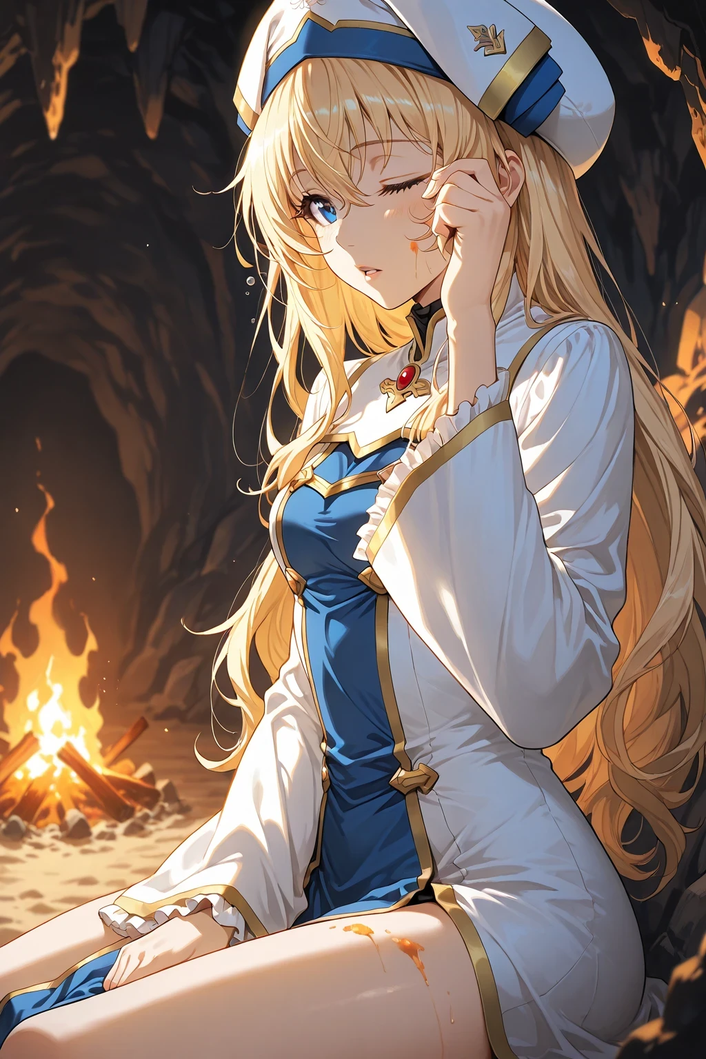 1girl, from side view, close up of detailed face of priestess \(goblin slayer!\) sitting in a cave, just woke up, rubbing her sleepy one eye with one hand, half-open lips, soft messy hair, soft lighting, warm orange campfire glow reflecting on her face, long hair, blonde hair, white headwear, white dress, frilled sleeves, blue pelvic curtain, sand stains on clothes, cozy atmosphere, cinematic composition, depth of field, ultra-detailed, high quality, masterpiece, blurred background, dramatic shadows on face, warm orange firelight with subtle cool blue shadows, visible thigh