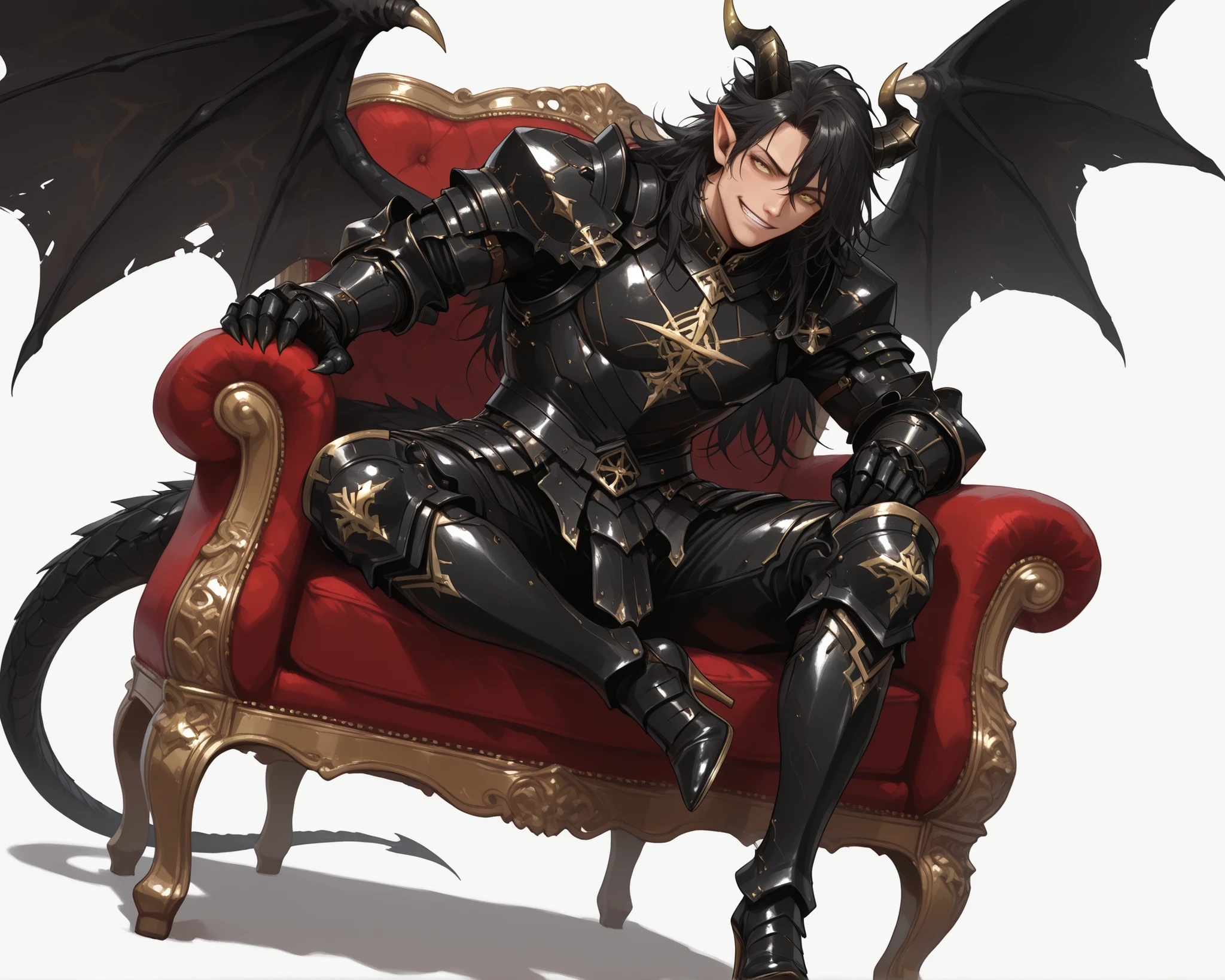 score_9, score_8_up, score_7_up, absurdres, (((128K Ultra High Resolution))), (masterpiece, best quality: 1. 5), (high definition: 1, 4), highres, 8K wallpaper, (excellent graphics: 1. 5), CG, (((Japanese Anime style))), (1 male), solo, ((lean body, masculine)), weredragon, glossy black, shiny black leather, ((beautiful golden eyes, finely detailed eyes, bright eyes, slit pupils)), hair between eyes, black hair, long hair, sideburns, wild hair, (sly grin, sinister grin, smirk), teeth, confident, ((ultra detailed face)), shiny skin, long pointy ears, twisted torso, long-legged, sculpted face, wasp waist, dragon horn, dragon tail, dragon wings, dragon sharp claws, (black armor with a lot of grandiose decorations: 1. 5), half dragon half human, (sit cross-legged, closed legs, sit sideways, luxury antique yellow plush velvet chair: 1. 5), (dramatic angle, dynamic pose: 1. 5), (ultra detailed black armor, well-polished black armor: 1. 5), (gold-adorned armor: 1. 5), all black outfit, full body, emphasize face, sharp focus, good-looking man, (best illustration, highly detailed artwork: 1. 5), (cinematic), dramatic lighting, (intricate detail, extreme detailed, super detailed: 1. 5), chiseled features, (stark contrast, heavy shadows: 1. 3), detailed black decorations, beautiful & aesthetic, photoreal, (from side), (mysteriously crafted black metal armor: 1. 5), thick & luxuriant hair, (ultra detailed fantasy black armor, wonderful black armor: 1. 5), (realistic metal texture), broad shoulder, true-to-life visuals, artistically refined, (extremely delicate & beautiful armor, elaborate armor details: 1. 5), (giant black armor, dark armor, stylized armor: 1, 5), (((armor-type high heels))), (extremely detailed armor with intricate engravings, intricate armor with gold ornaments: 1. 5), ((very gorgeous and dazzling)), (dark fantasy black knight: 1. 5), slim waistlines, wide chested, sinewy body, (Hyper Detailed & Perfectly Designed Black Armor: 1. 5), (simple white background)