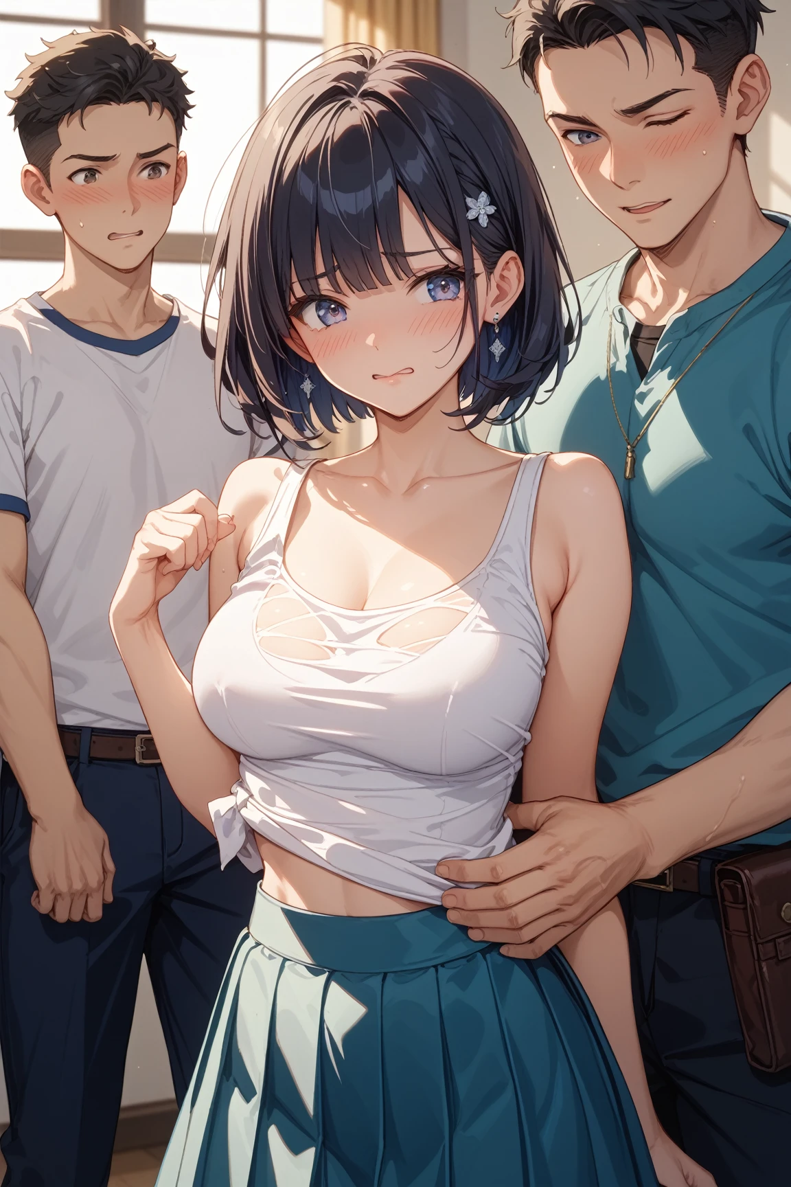 ((highest quality)), ((masterpiece)), Cute girl is posing for the camera indoors, (4 people line up in a row), (Close-up shot from the waist up), (open your mouth and smile), group shot, I&#39;m 11 years old,  baby face, (shirtを持ち上げる:1.8), (:1.5), (nipple:1.5), (chest:1.5), hair band, head band, hair bobble, blouse, shirt, (high resolution face:1.2), (Skirt lifts:1.2), ((No panties)), Pussy, Asian, Westerners, silver hair, brown hair, blonde, (belly button), jewelry, looking at the viewer, necklace, long hair, short hair, (abs),(written boundary depth),Mr..々hairstyle, Mr..々hair color, straight hair, bob cut, dull bangs, silky hair, (jet black hair or brown hair), hair clip, hair band, hair ribbon, One-length haircuts, ducktail, Hair curled outward, french twist hair, twin tails, side ponytail, single blade, wavy hair, bangs tied back,embarrassing,half closed eyes,closed my eyes, smile