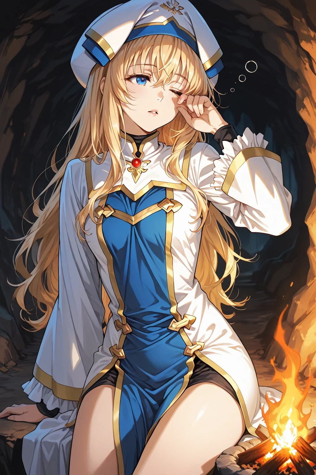 1girl, from side view, close up of detailed face of priestess \(goblin slayer!\) in a cave at rest time, looking away, just woke up, slightly head tilted, sleepy face, small bubble sleep symbols, rubbing her sleepy one eye with one hand, half-open lips, soft messy hair, soft lighting, warm orange campfire glow in background, reflecting on her face, long hair, blonde hair, white headwear, white dress, frilled sleeves, blue pelvic curtain with visible thigh, cozy atmosphere, cinematic composition, depth of field, ultra-detailed, high quality, masterpiece, blurred background, dramatic shadows on face,
