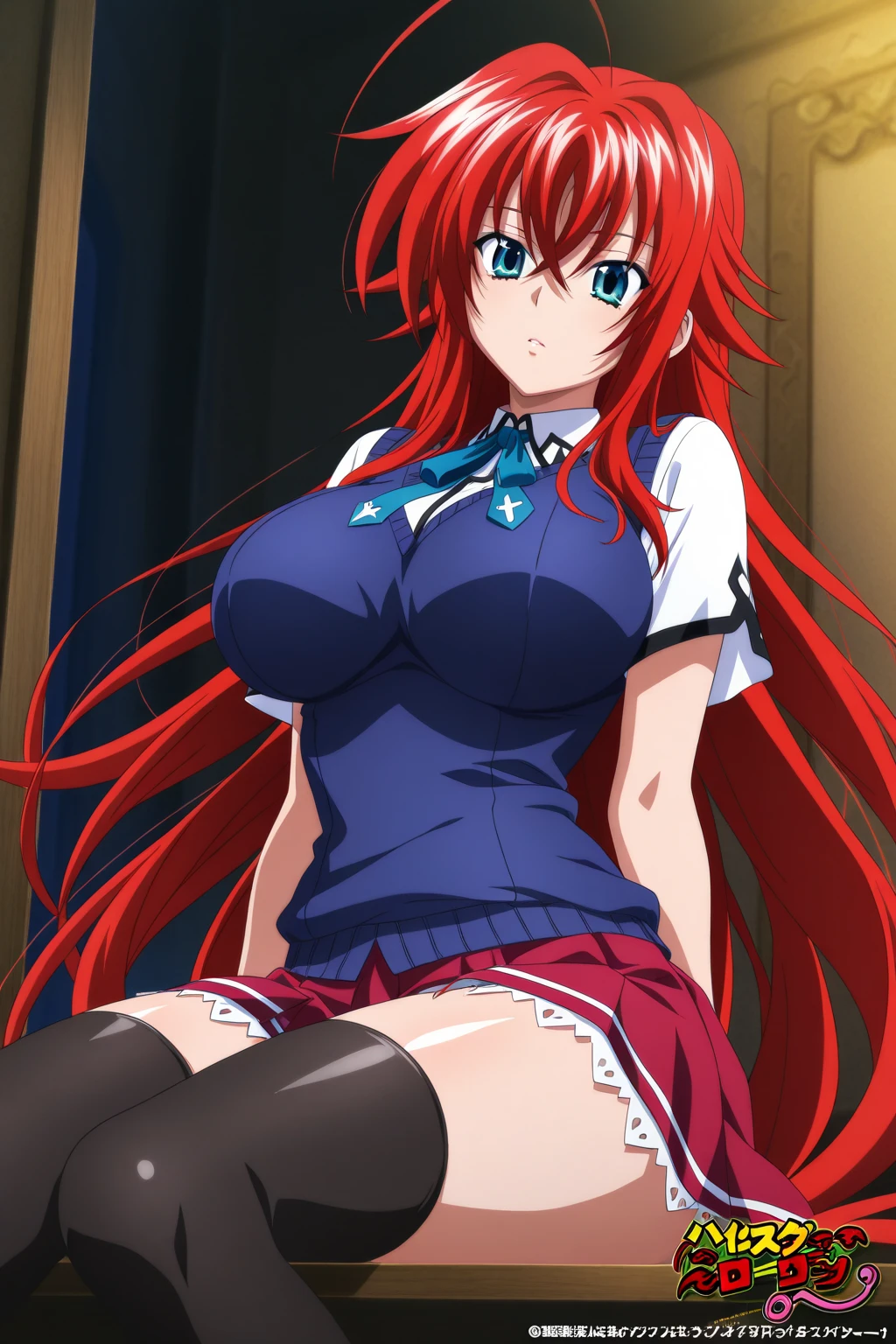 (anime art style:1.0), 2d, masterpiece, best quality, very aesthetic, absurdres, dynamic shadows, atmosferic, rias_gremory, (1girl), solo, red hair, antenna hair, long hair, blue eyes, detailed eyes, hair between eyes, bangs, big breasts, curvy body, makeup, black leotard, bunny ears, black ears, fake ears, white bow on neck, choker, eyes up, sexy smile, (fingering), (cowboy shot), (looking at viewer), from below, squatting, spread legs, bedroom, on bed, indoors