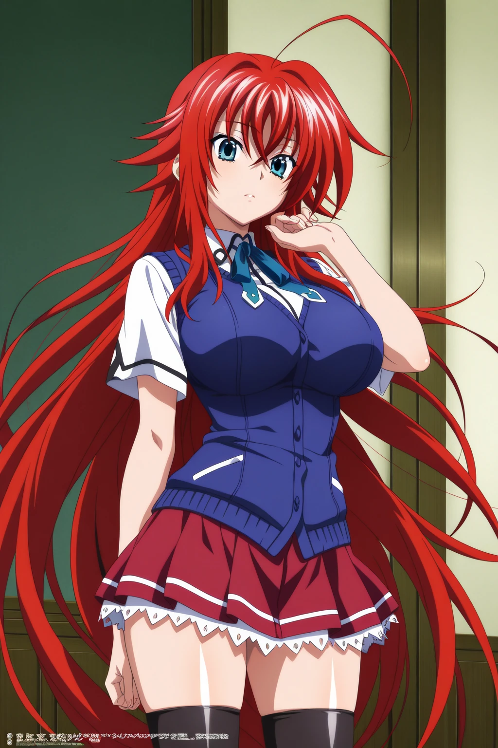 masterpiece, best quality, 1girl, long hair, looking at viewer, :3, cute, school uniform, outdoors, streets, large breasts, curvy, (((blue eyes))), red hair, antenna hair, wavy hair, ((beautiful detailed eyes, beautiful detailed glow)), anime, Rias Gremory
