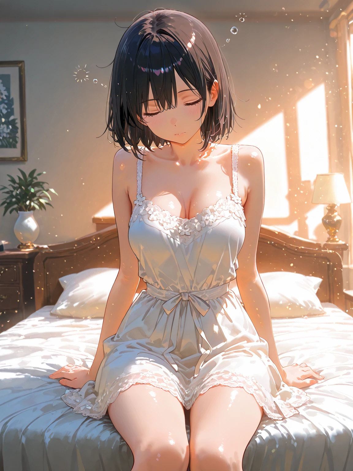 (White cupless bra、Nipples、Big Breasts、Big Tits)、独奏、Female college student、(Big Breasts、Big Tits、Nipples)、(Black Hair、Very Short Hair、Boyish cut)、nsfw、sitting、（Cupby、Cupby着用：1.2）、Deep blue eyes and glowing skin、Oily skin、股を大きく開いてSitting、Her legs are spread wide:1.5、Sitting、Arms folded behind back、Arms around your back、((Semi-transparent lace negligee、White Mesh Sexy Lingerie White、White mesh bikini panties、White cupless bra、Nipples、Pussy))、((Sweat:1.4、Lots of yellow pee))、(Big Breasts、Big Tits)、Girls&#39; High School、classroom