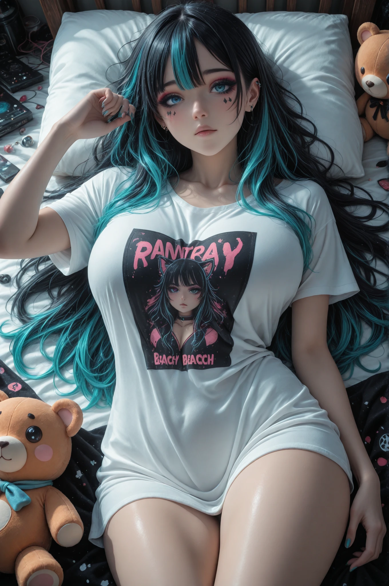 ((Billieeilish)), ((a woman)), , (best quality, highly detailed, 3D), ((realistic:1.3)), (two heads, conjoined_dicephalus), ((cheeks rubbing together)), ((kissing:1.3)), mouths open, yawning, in bed, ((lying down)), sexually aroused, beautiful face, huge beautiful eyes, ((wearing large loose-fitting t-shirt)), (massive breasts:1.3), (wide hips:1.1),(skin glistening with sweat), short black hair, on her back, hand on crotch, extremely aroused, rubbing nipples, ((hand on crotch:1.3)), perfect body, ((legs open:1.4)), ((one leg up:1.3)), (getting wet)), large butt. ((Focus on faces:1.4)), (((sfw)))