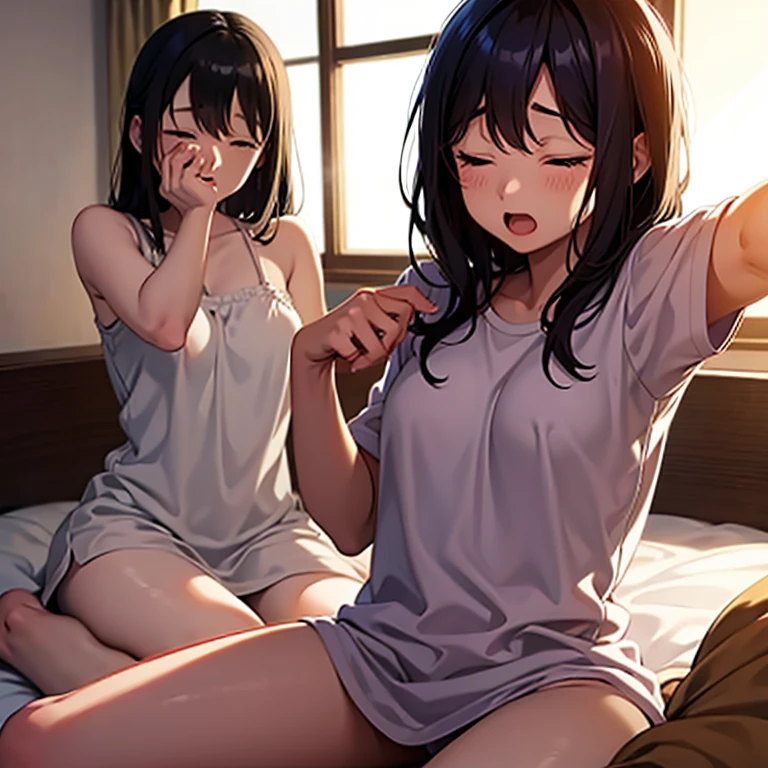 masterpiece,Highest quality,High resolution,shape,Very detailed,Ray Tracing,Adult women,(Black Hair:1.1),((Long Hair:1.1)),(Black Eye 1:1.1),Straight hair,Medium Chest,((embarrassing 1:1.3)),((Lie on your back on the bed 1:1.3)),((School Swimwear 1:1.2)),Blushing