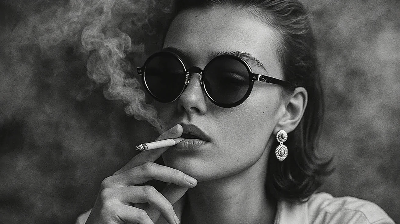 [designed by Carl Theodor Dreyer| Andrei Tarkovsky], photograph, detailed black and white of an attractive woman wearing large round glasses, a bandana on her head, tattoos all over her face, smoking a cigarette, looking straight ahead, in the style of old school tattoo art --ar 73:105 --stylize 750