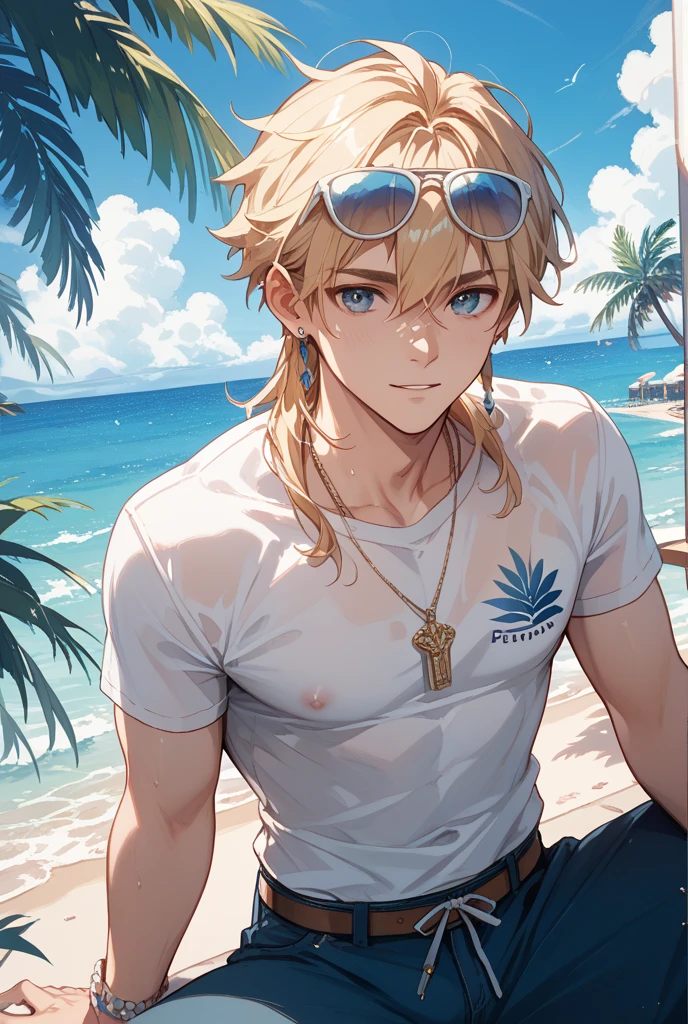 A man,juvenile,Flesh,blond,Braid,straw hat,Heat,((freckle)),((Silly expression)),Sexy Lingerie,flat chest,Nude Jeans,lying on the grass