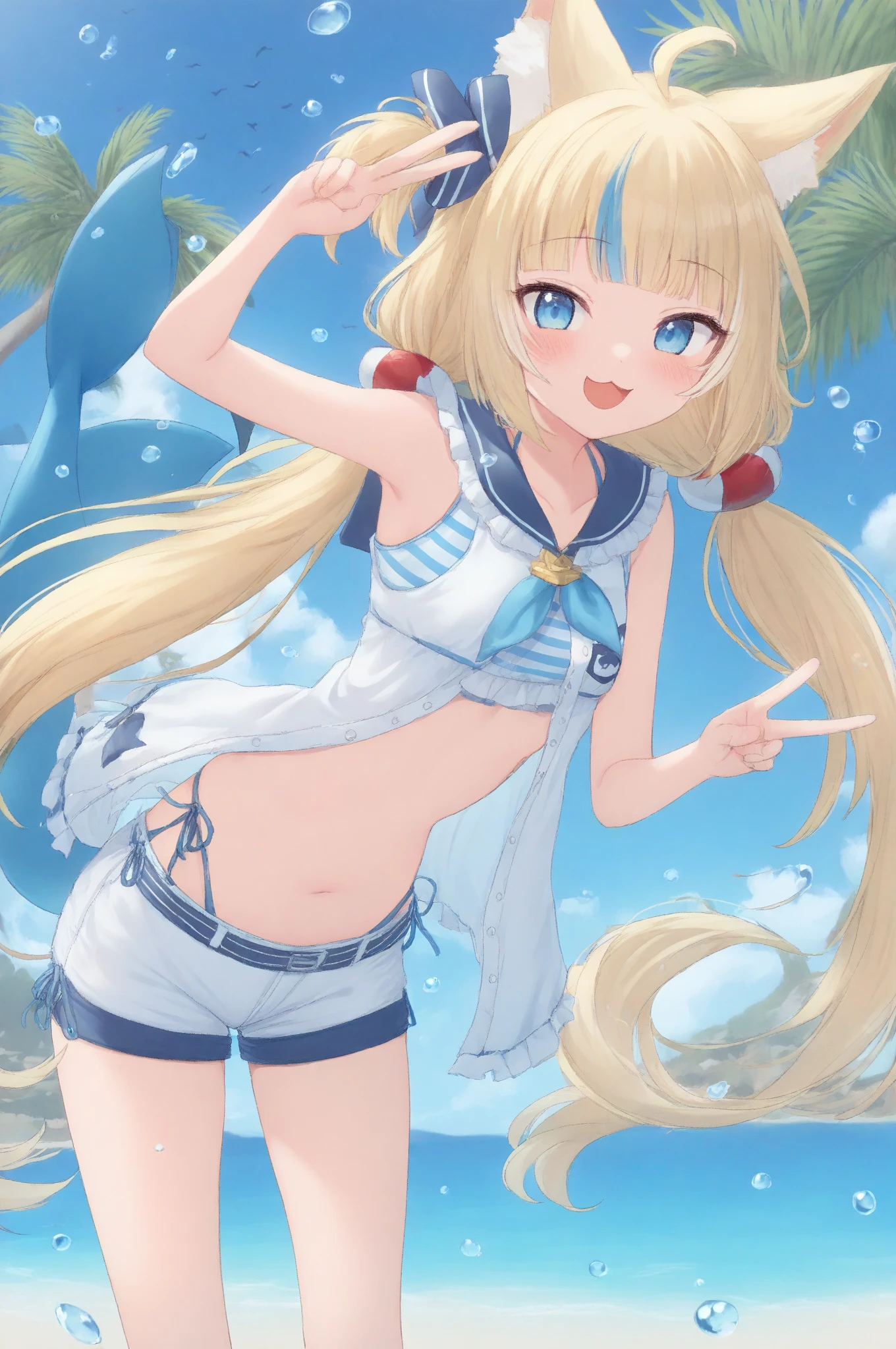 1girl, swimsuit, (thick eyebrows), tareme, big tits, blonde hair, -very_long twin tails, tegaki, zoom layer