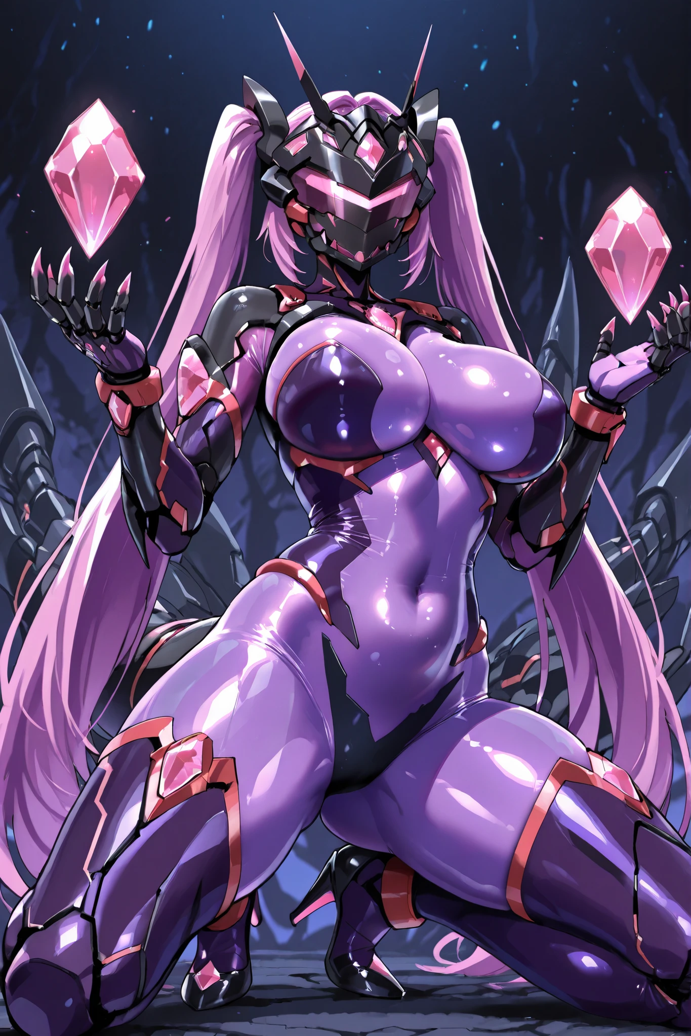 Cyborg girl. Visor with crystals covering her head. Tentacle antennae. Hands growing out of her head. Glossy. Purple bodysuit. Black mechanical bondage costume. Crystal claws. Sharp claws. Pink crystals. Pert breasts. Detailed navel. Sharp high heels. Crystal high heels.
