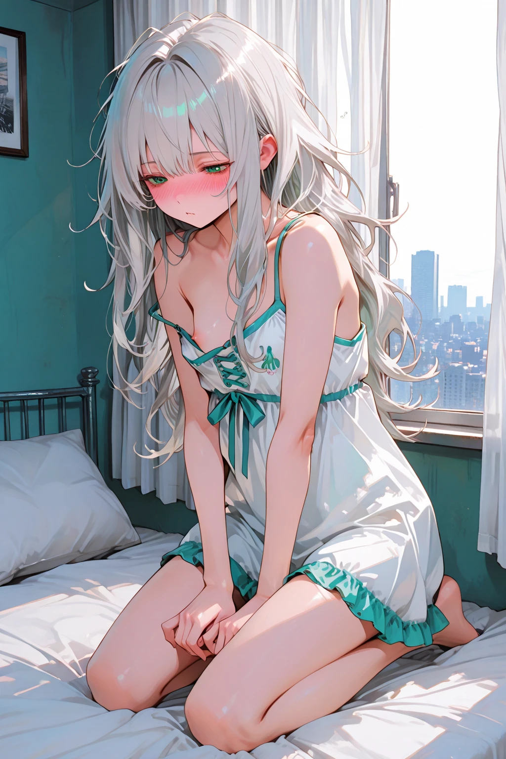 index, index, (green eyes:1.5), silver hair, long hair, (flat chest:1.2),happy smile, smile, open your mouth,off shoulder, oversized shirt, naked shirt, oversized clothes,black string underwear, barefoot,barefoot,Transparent silhouette, see-through shirt, arm behind head, Sitting on the bed,morning,morning日,the sun is rising,
break looking at viewer, Upper body, whole body,
break indoors, Bedroom,
break (masterpiece:1.2), highest quality, High resolution, unity 8k wallpaper, (figure:0.8), (detailed and beautiful eyes:1.6), highly detailed face, perfect lighting, Very detailed CG, (perfect hands, perfect anatomy),