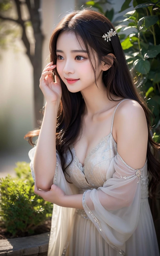 Beautiful ,23 years young girl,confident looking,8k,realistic,dark brown hair,fair skin, indian,long hair,clear facial features, wearing beautiful dress and flowers 🌷🌹and hairs on face make it seductive effect, cleavage