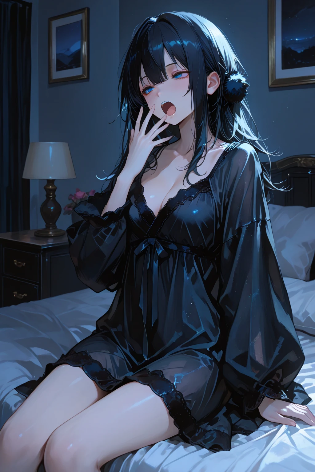 absurdres, RAW photo, extremely delicate and beautiful, masterpiece, Best Quality, ultra high resolution, 32k, hyperrealistic, ultra-detailed, delicate facial features, beautiful detailed woman, tearful mole, earring, medium breasts, full body shot, medium hair, black hair, wavy hair, collared dress shirt, hoodie, skirt,