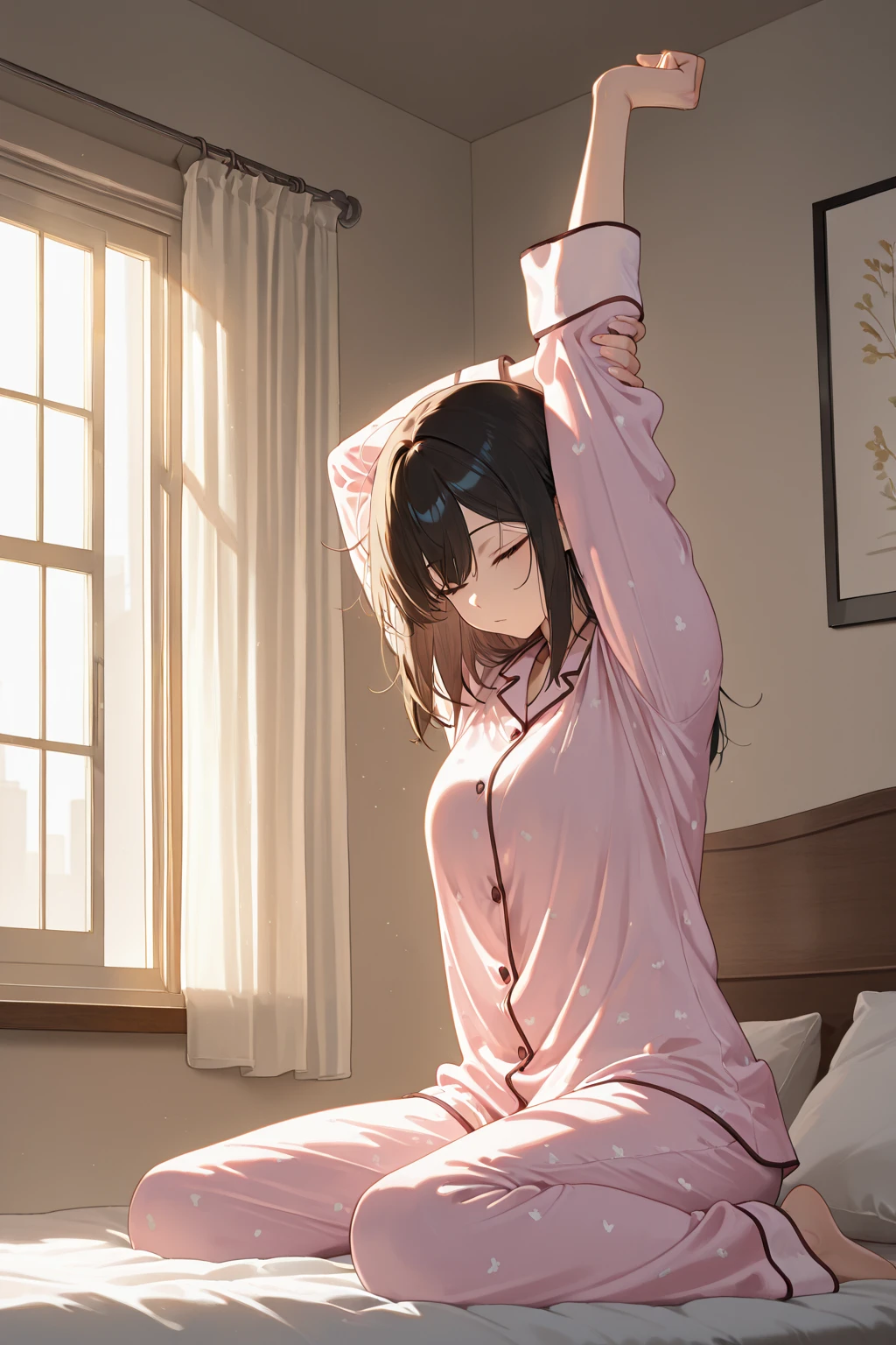 beautiful girl、Black knit、On the bed、Eye highlightasterpiece、high resolution、smile、Black Hair