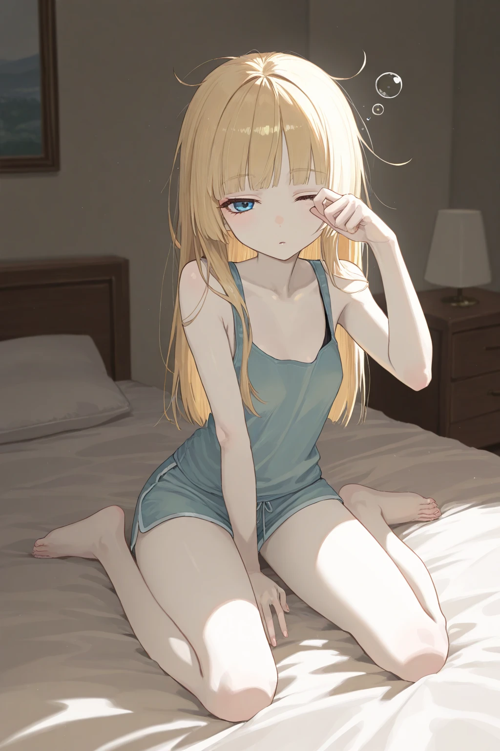 (masterpiece), ((best quality)), (super detailed), (beautiful eyes beautiful details eyes, Clean and delicate face), (whole body, wariza, leaning forward), Single Braided blonde hair, parted bangs, forehead, cool smile, open mouth, white camisole and white mini skirt, thigh, barefoot