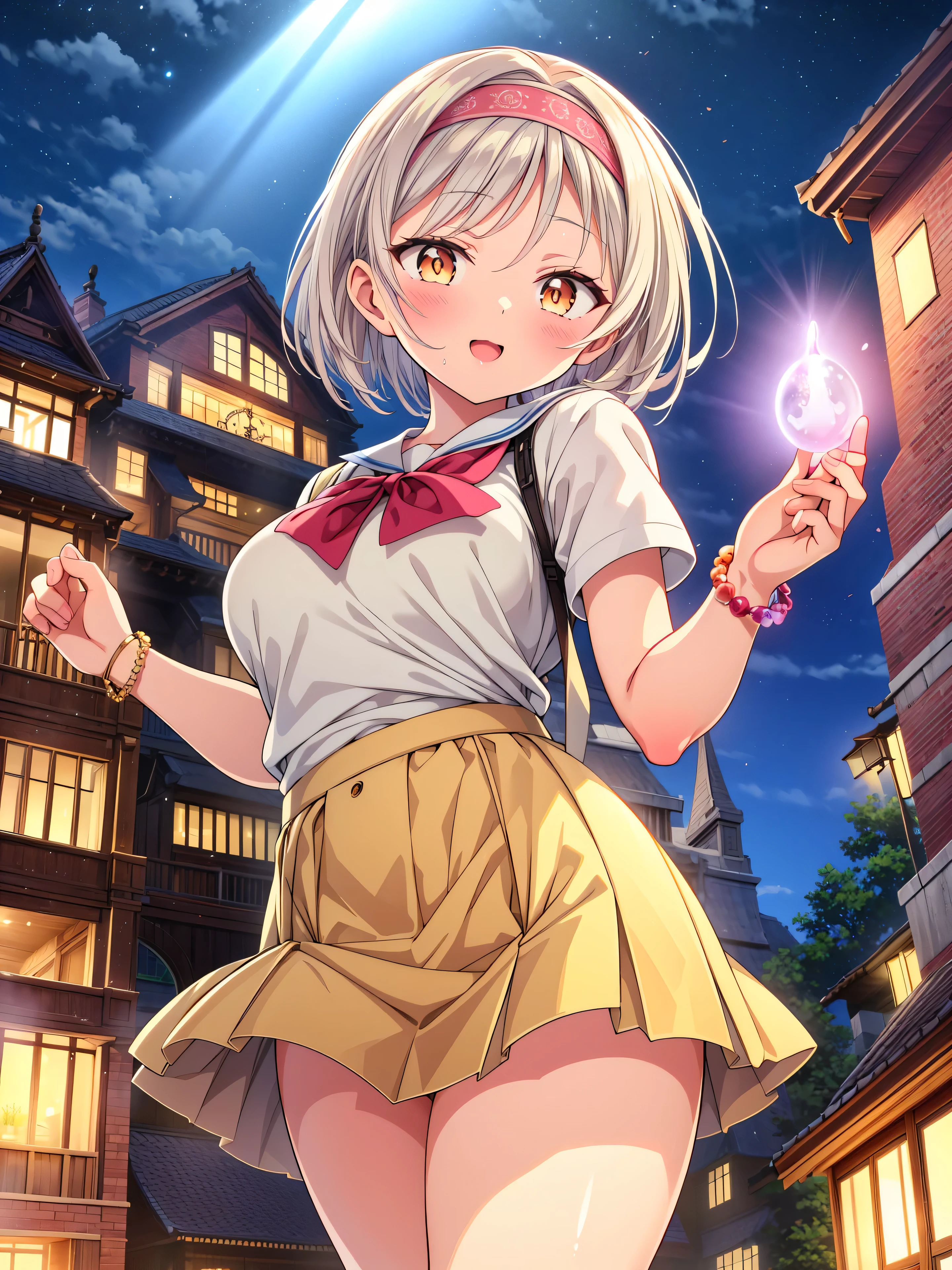 Highly detailed, high quality, masterpiece, beautiful, (all photo shooting), girl child student, thighs open, perfect eyes, orange eyes, light eyes, blushing face, happy face, big thighs, medium chest, short stature, short hair, light brown hair, with bracelet on hand, bow in hair, headband, wearing mini skirt, school girl athlete outfit, shows full panties, sexy, background image in a night river