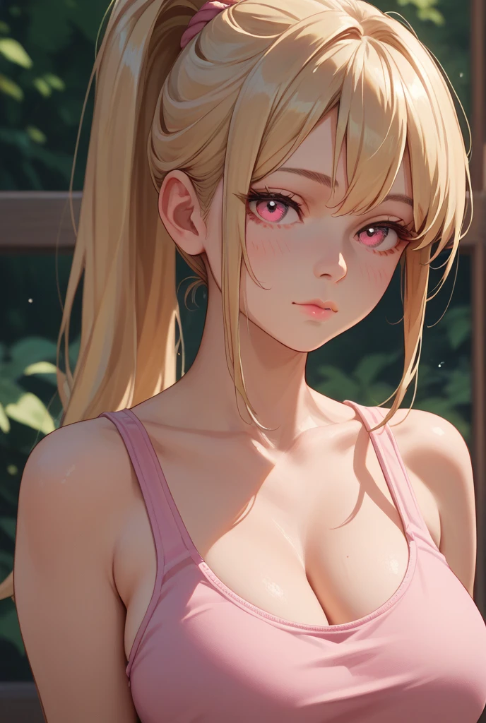 (Chainsaw Man, Makima), brown skin, striped bikini, (orange braid), young, cute, beautiful girl, perfect style, big, emphasizing cleavage, expressionless, realistic, photoreal, 8k, very detailed, highest quality, best quality, super high definition, masterpiece, one girl, (background is Egyptian pyramids),