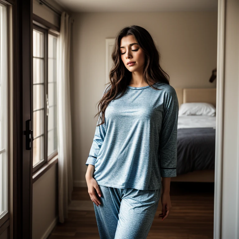 A woman standing biside bed , having short and sweet smile on face, looking fresh, wearing her pyjamas and tshirt, soothing light coming from window, realistic , real, hyper-realistic, cinematic, normal posture.