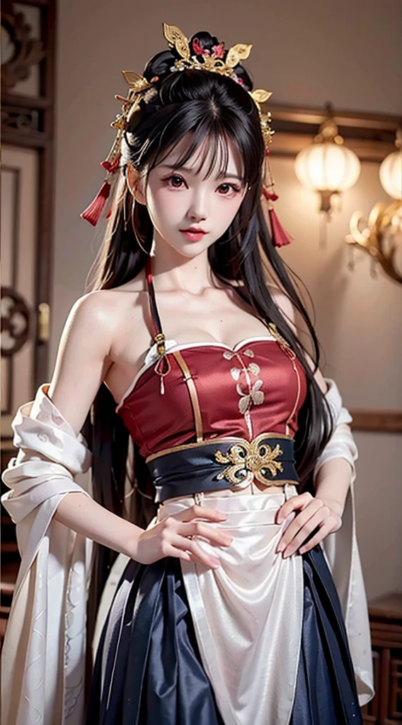 (tmasterpiece,best qualtiy), 独奏, Detailed doujin art,High-quality doujin art, best photos, 8K quality, 8K Ultra,closeup cleavage,is a slim and cute anime woman,1girll, 独奏,Put on the new clothes of the civilization of the Republic of China,In the lotus pond,The lotus pond is full of lotus flowers,The skirt swayed slightly in the breeze,Holding a book in his hand,face to the viewer, Black hair,鎖骨, trinkets, Red eyes, side locks, Blush, golden hairband, 耳Nipple Ring, shairband, hair adornments, Closed mouth,(Looks gentle:1.5), Very long hair, bangs, Gold earrings,Digital SLR , Soft light,Proportionally accurate