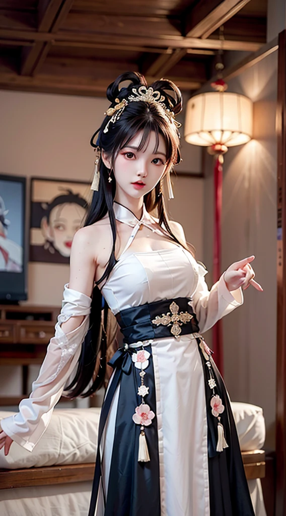 Master quality, highest quality, best picture quality, exaggerated details, a princess cute 8 year old asian with a shy expression, slightly squinted eyes, adjusting her hair, long eyelashes (long hair / very, very exaggerated big breasts, big / in hanfu pentticoat thin qipao dress, short skirt), posing in front of the camera, wet throught breast Petticoat
