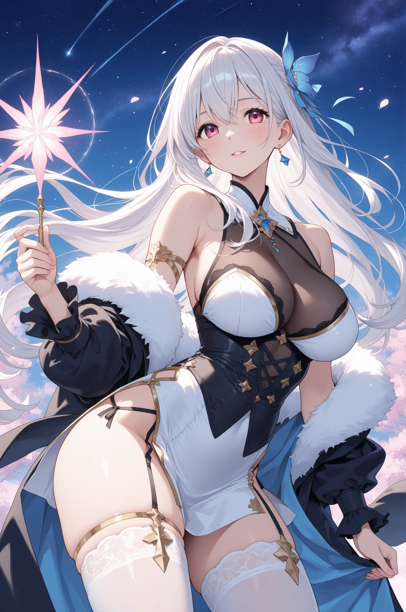 top-quality、Top image quality、​masterpiece、Elf dressed as Santa Claus((24 year old、Best Bust、big bast、Bust 90,beautiful blue long ironed hair、a blond、A slender、a closeup、hiquality、Beautiful Art、Background with((starrysky)))masutepiece、visualart、depth of fields、、Elven ears、、light magic、、、Happy smile、Gentle light、、Beautiful legs that are gentle on the skin、welcome、、Number of fingers to achieve precise finger movements、ticker beautiful body、Mystical　　、NS flavor、Renaissance art、Winters、snowflakes falling、European towns、Christmas、Christmas decorations、The lively atmosphere、a lot of people