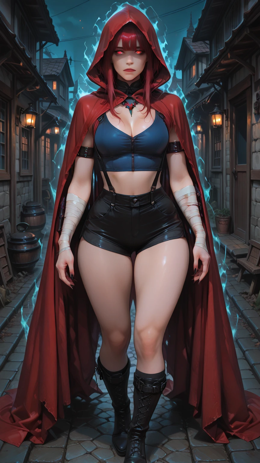 masterpiece, best quality, 1woman adult, older milf, motherly aura, solo, dark pink hair, vibrant aqua eyes, medium hair with fringe, looking at viewer, cape, High quality metal texture, closed mouth, full body view, bangs, high collar,(kbxll:0.6), Fantasy aesthetics, fantasy earring, Highly detailed, thicc body, massive gigantic breasts, huge breasts, huge tits, thicc hips, large areola, hard nipple, smirking facial, garter belt, bushout pubic hair, visible breast vein