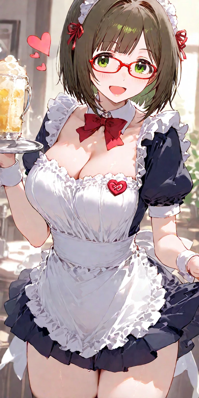 One Woman、beautiful girl、Maid、20-year-old、Bobcut、Western-style building、Maidの制服、Maidカチューシャ、Short skirt、Black Pantyhose、Highest quality, smile,Big Breasts、Very big 、Boob Tray、Poses that emphasize the breasts、Put your breasts on the tray