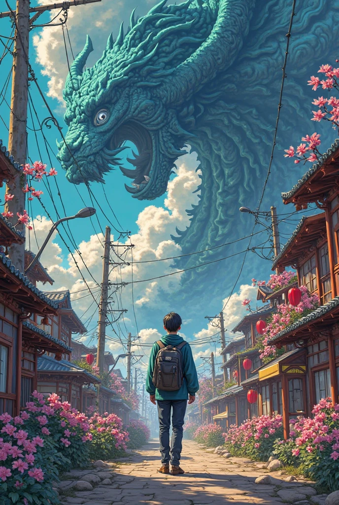 Make a picture of a boy standing with a cap covering his face while standing on a mountain., while behind him there is a dragon similar to Rayquaza from Pokémon but in his mega. There is a lot of fog