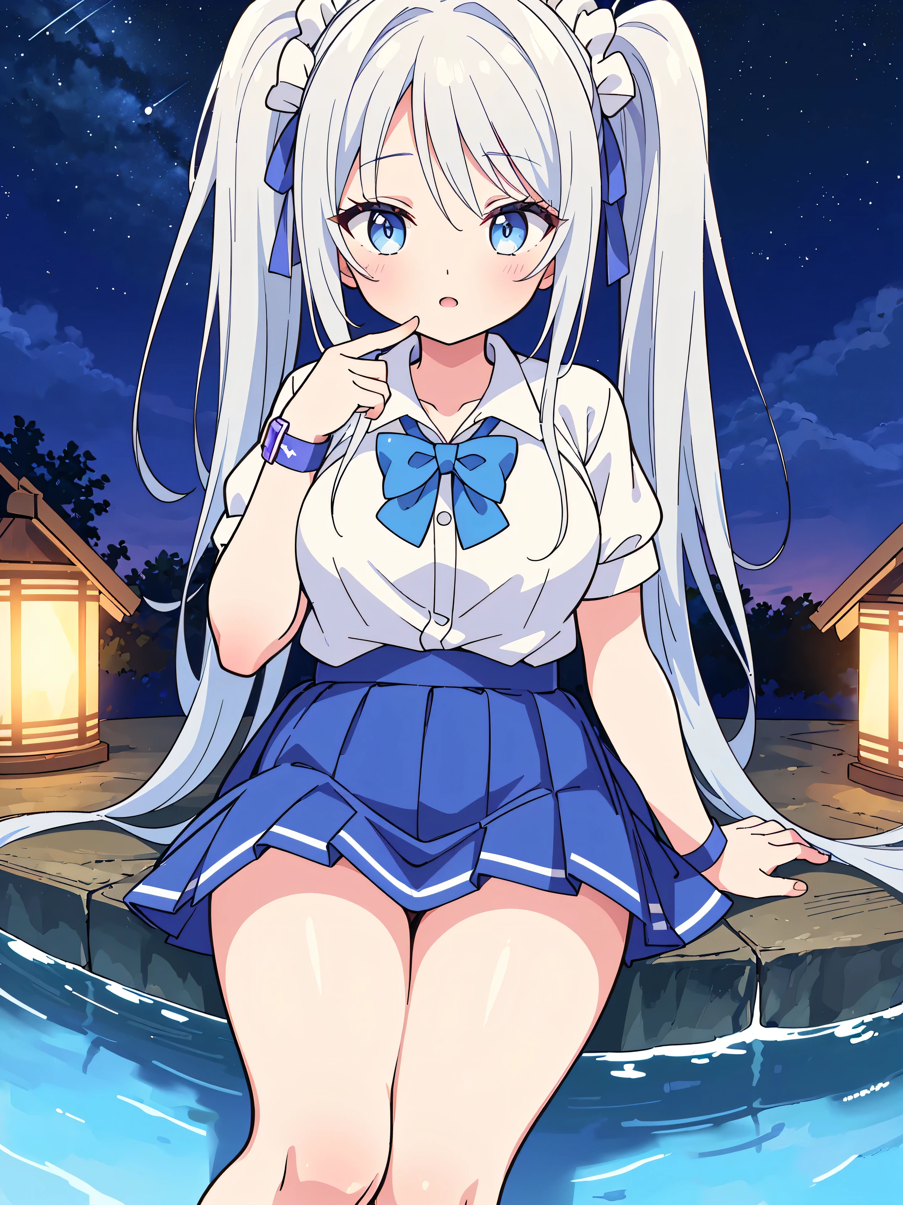 Highly detailed, high quality, masterpiece, beautiful, (all photo shooting), girl child student, sitting, thighs spread, perfect eyes, blue eyes, light eyes, blushing face, happy face, big thighs, medium breast, short stature, long hair with pigtails, brown hair, with bracelet on hand, bow in hair, headband, wearing mini skirt, school athlete outfit, shows full panties, sexy, background image in a river at night