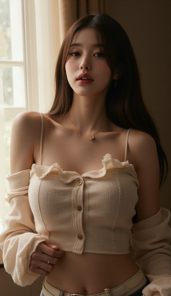 absurdres, RAW photo, extremely delicate and beautiful, masterpiece, Best Quality, ultra high resolution, 32k, hyperrealistic, ultra-detailed, detailed background, landscape, perfect ???????, anatomically correct, perfect figure, Perfect Style, Perfect balance, super Detailed skin, in her 30s, very Slim body, narrow waist, very small head, very small face, delicate facial features, handsome detailed woman, very detailed eyes and face, realistic face proportions, Realistic beautiful face, Realistic beautiful eyes, tearful mole, earring, very huge round tits, whole body shot, medium hair, asymmetrical hair, indoor, steampunk fashion, blouse, short skirt, off shoulder, 