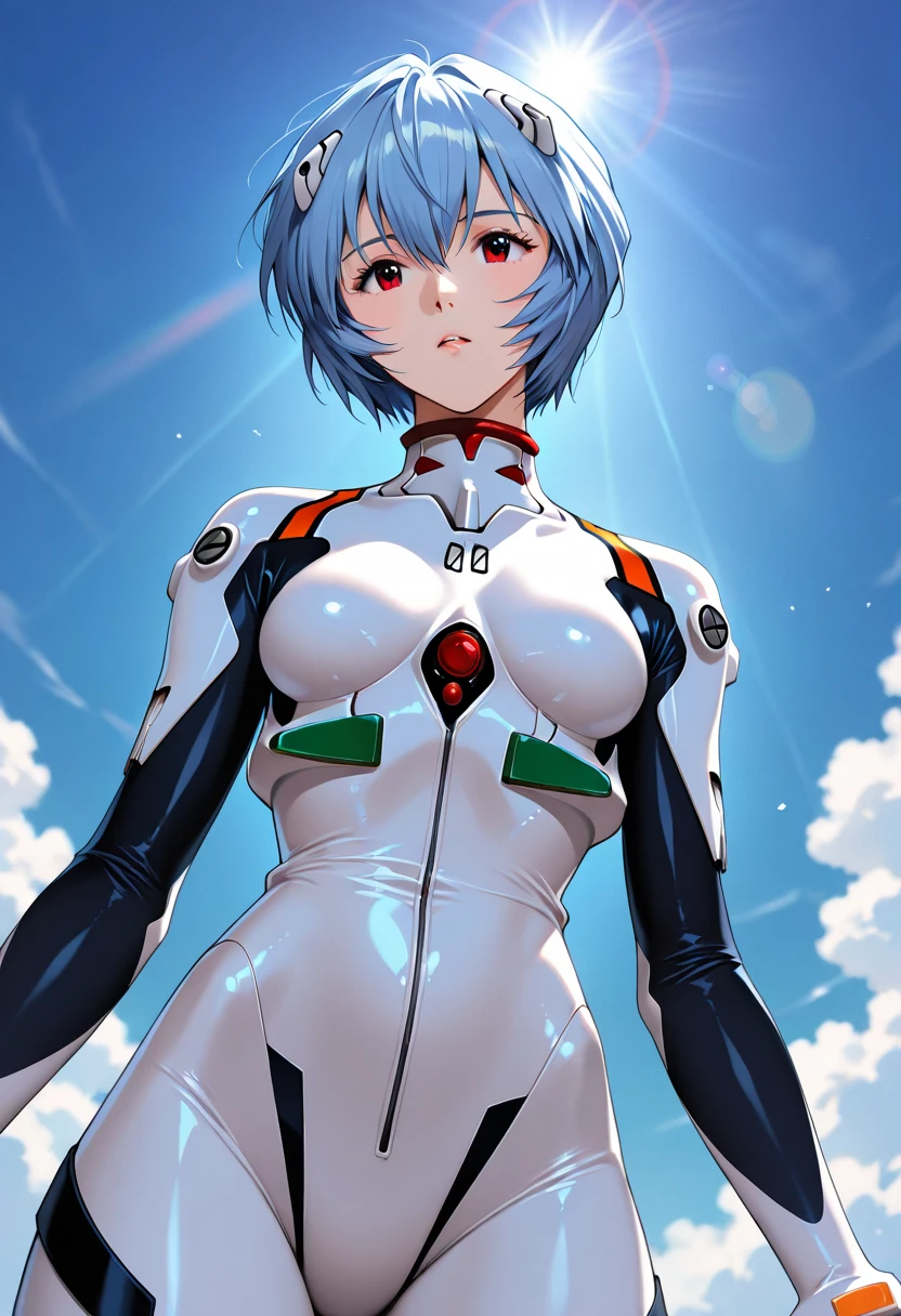 masterpiece, best quality, very aesthetic, absurdres, 1girl, mature_lady,handcuff, tears_in_eyes, ,Ayanami Rei,white bodysuit,red eyes,pilot suit,short hair,blue hair,bangs,interface headset,turtleneck,hair between eyes,in a city floating in sky,surrounding by flowers,falling_petals, petals,,