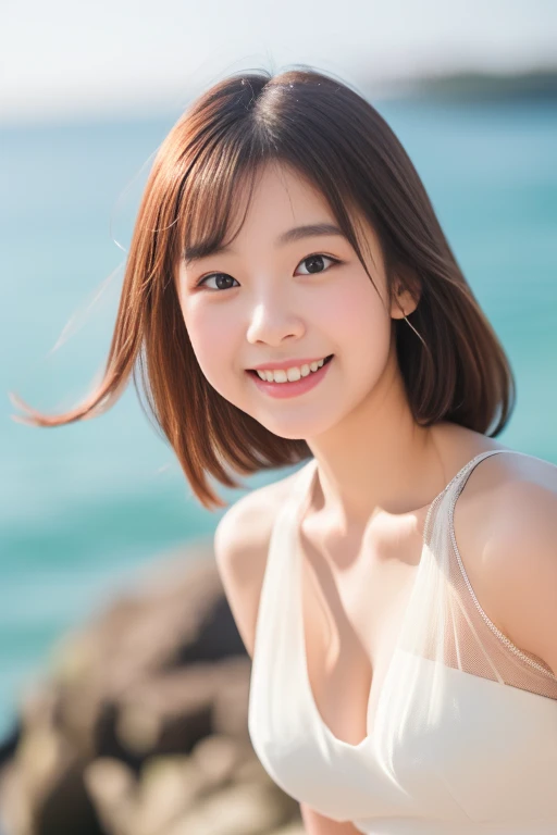 (highest quality、8k、32k、masterpiece、Hmph:1.2)、Cute Japanese Women Photoid-breasted、Wolf Cut Hair、Brown hair shorthair,whole bodyショット、(Swimsuit with vinyl straps、I can see her cleavage、necklace、From above、whole body:1.2),Looking at the audience、Very delicate face, Skin and Hair,Muscular,Slender,High Style,high resolution、Sunset on the coastline、Kind eyes、(Large Breasts)、White teeth、Moisturized lips、looking at the camera、Canon Camera