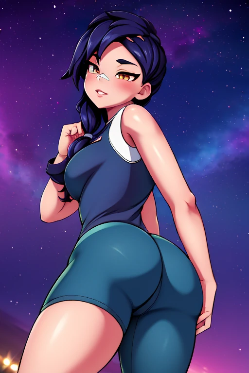 Erisa, tight pants, sportswear, butt, seductive, thick thighs, night sky view, realistic, best quality, masterpiece, ultra detail, ultra high res