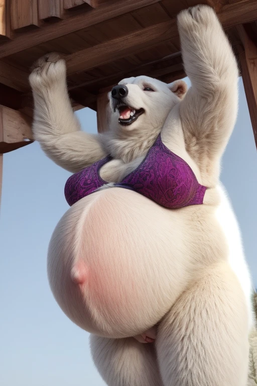 giant wampa monster carries faint limp topless beautiful pregnant pink thong blonde young girl in his arms embrace kissing nsfw