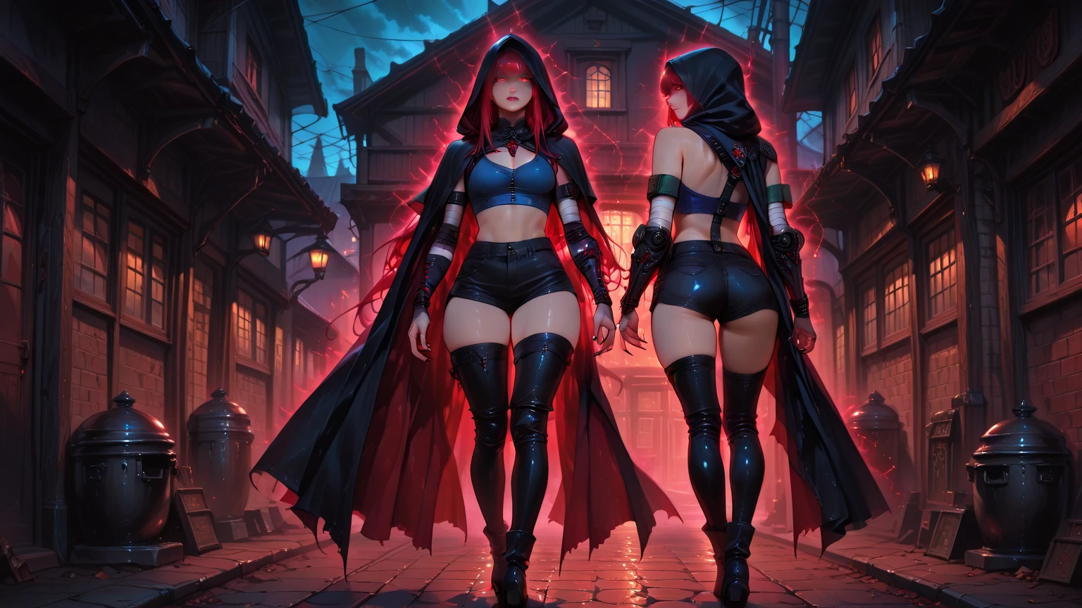 (a young woman ,belledel, torn red miniskirt, red fishnet top (damaged), red fishnet stockings (damaged), no underwear, twin pigtails with red high lights) running terrified through a dark haunted forest, a werewolf (Big scary wolf man with tatters of red fabric on his claws) chasing her, cinematic lighting, dramatic scene, detailed facial features, beautiful eyes, photorealistic, dark fantasy, (best quality,8k,highres,masterpiece:1.2),ultra-detailed,(realistic,photorealistic,photo-realistic:1.37),dramatic lighting,moody atmosphere,detailed textures,haunting,cinematic
