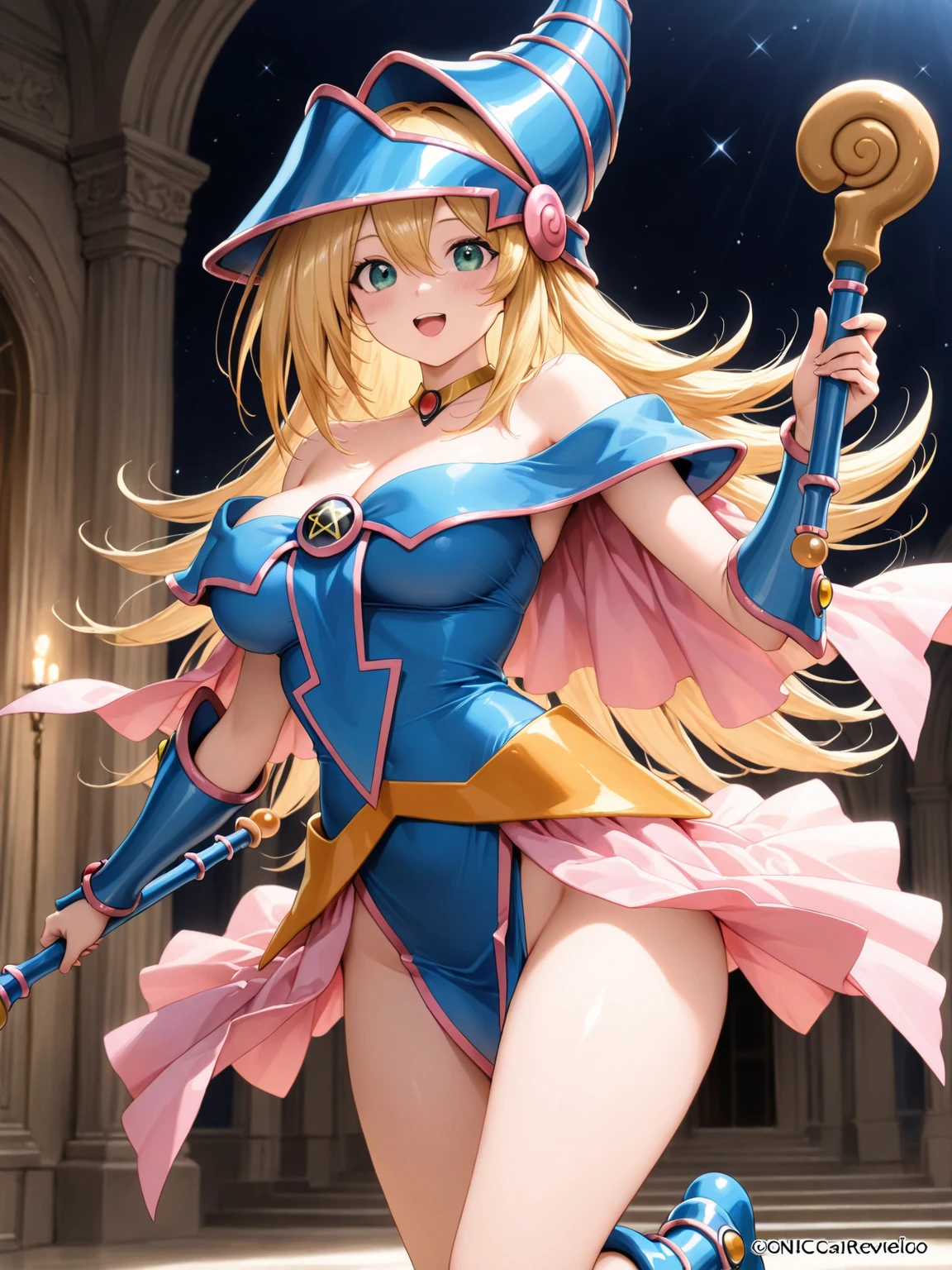 Ereshkigal very blonde hair standing that looks very close from the front that has big breasts and big buttocks Smiling. coquette. happy. hot background darkness and a golden spell