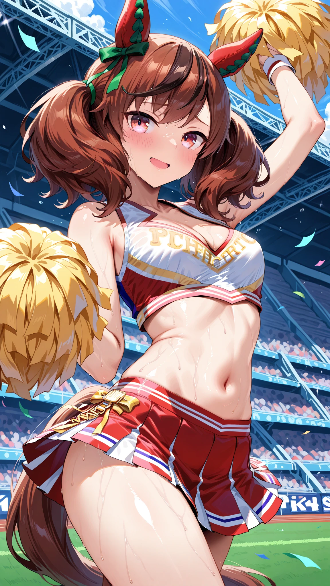 tubetops,Underboobs,JUMP,ponytail,cheerleader, stadium, team spirit, pom-poms, enthusiastic, energetic, crowd, uniform, sports event, cheering, colorful, dynamic pose, happy, vibrant, teamwork, celebration, night game, lights, action