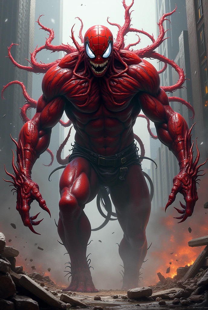 megan fox as a vampiric muscular red carnage, (mouth wide open with tongue out:1.25), (red carnage anatomic muscular bio-mecha muscle suit:1.25), (body totally covered in muscles, veins, tendons), (perfect muscular anatomy), (wide upper body:1.25), (thin legs:1.25), (beautiful face:1.25)