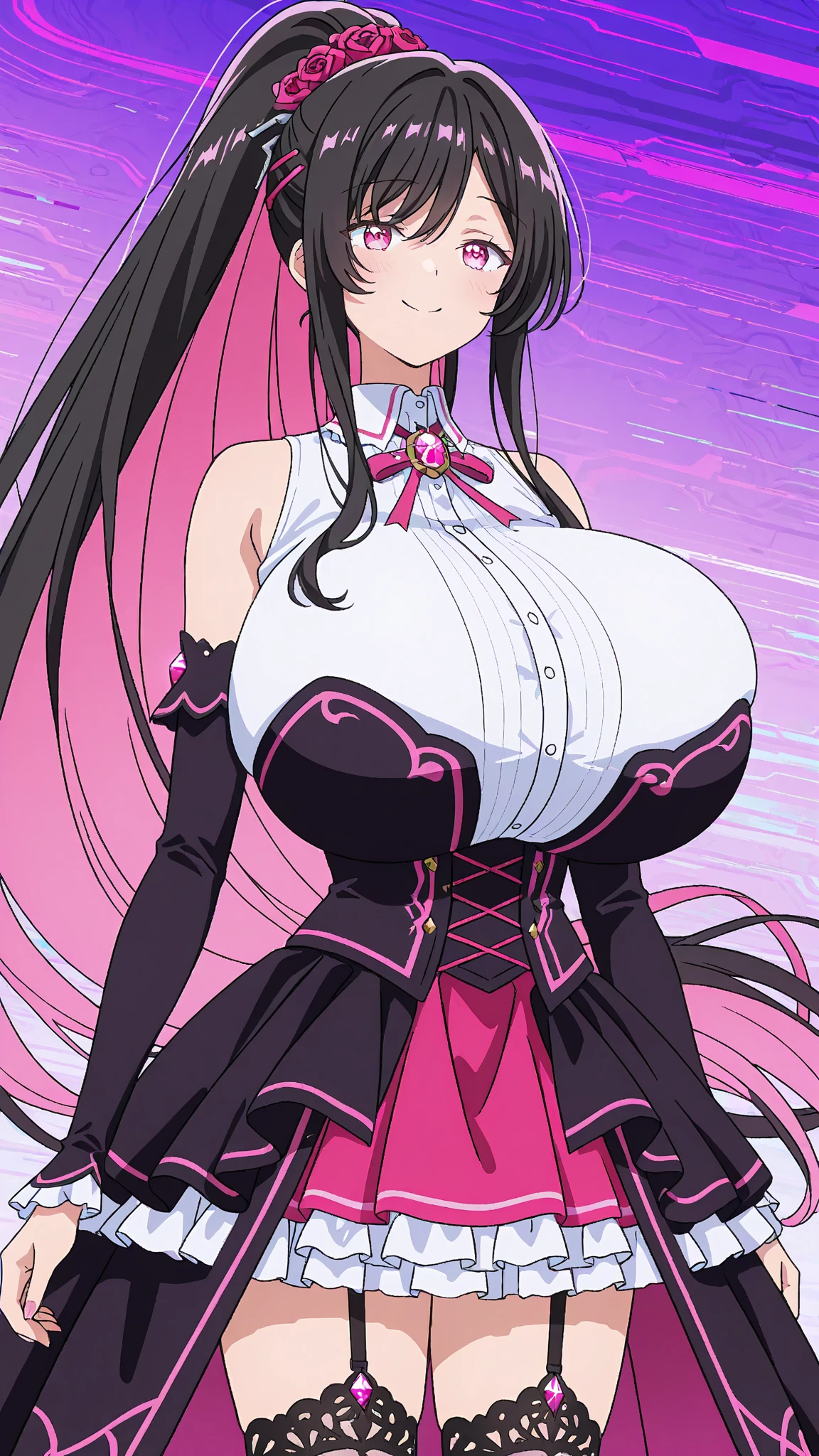 Highschool dxd, Raynare, 1girl, ((bimbo))), long black hair, purple eyes, puffy lips, painted lips, thick lips, wide hips, thick thighs, enormous natural breast, huge ass, erotic kiss face, fallen angel outfit, perky , shiny skin, breasts squeezed together, enormous huge natural breasts,