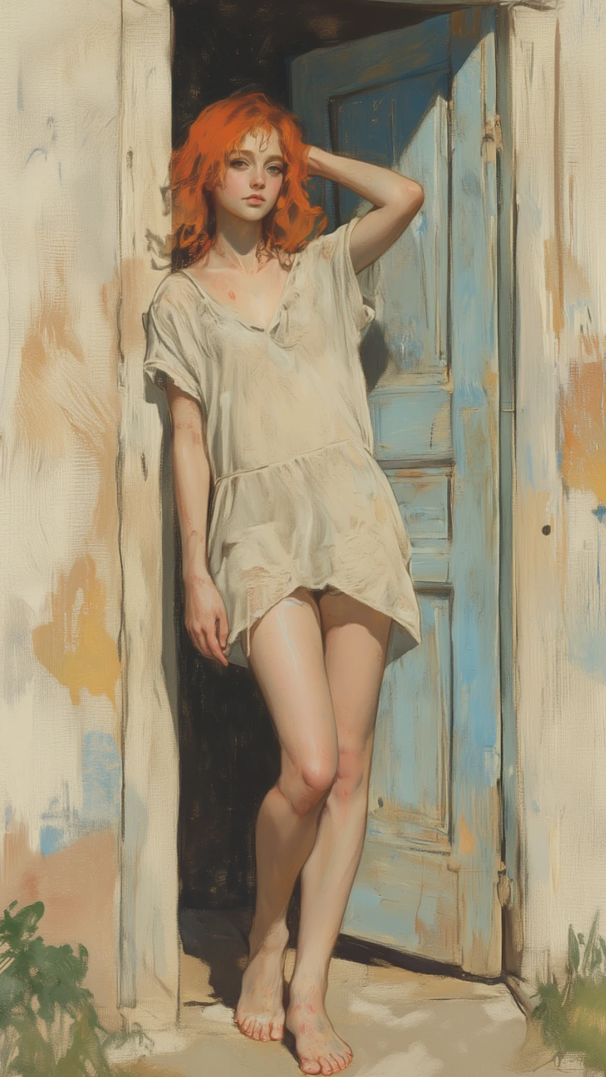 
alone in the universe, Paint in watercolor style, Photorealism, discreet golden and ruby and mint shades, (nude) gentle modest thin girl 16 years old (with a very beautiful exquisite face) with tender nipples with blond hair walking barefoot in the distance (around the southern town) early morning (along the houses)