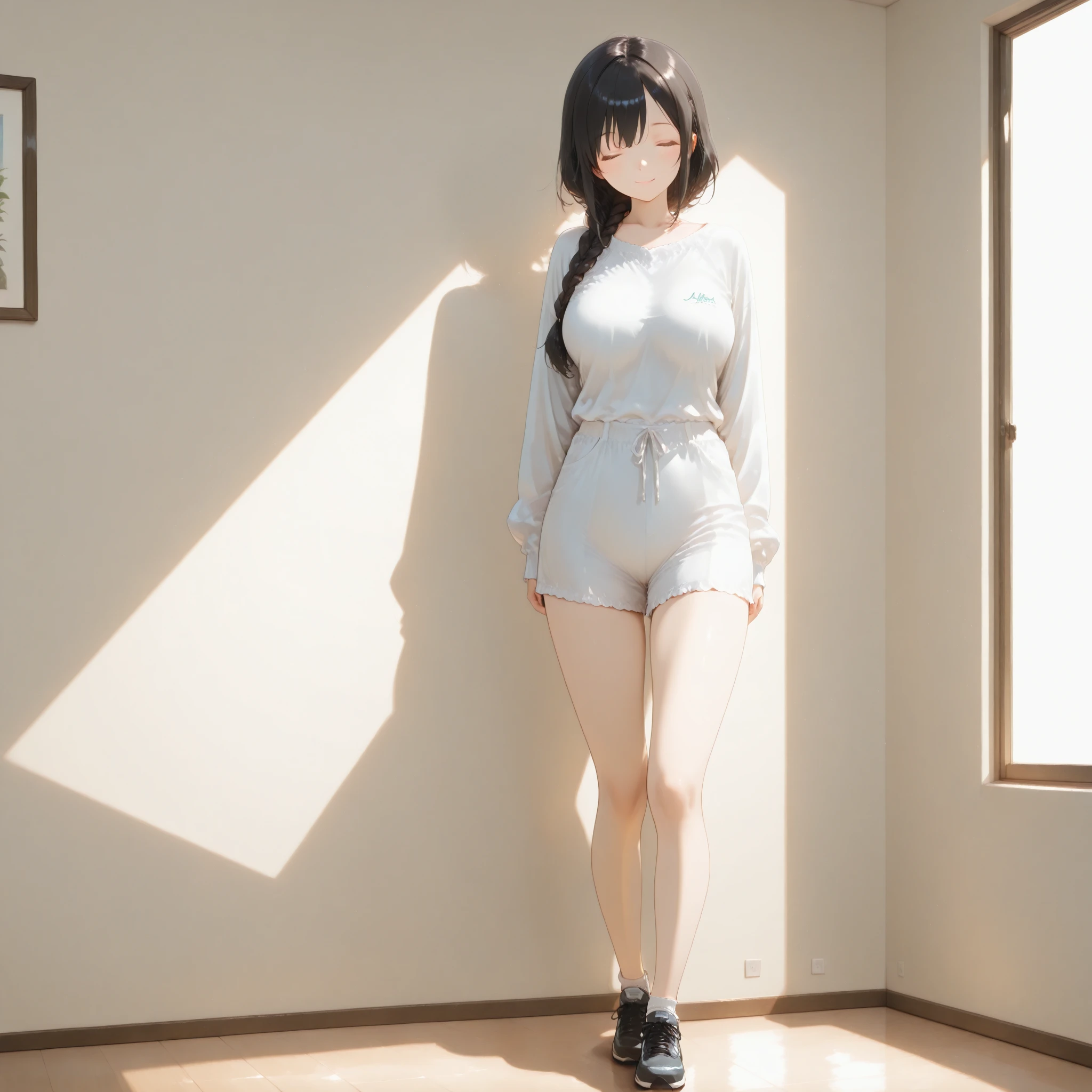 A girl, 15yo, cute smile girl, ((baggy T-shirt, oversized, T-shirt)), ((huge breasts)), black A-line pixie cut, in wooden floor school gym, half open mouth, (standing),  ((barefoot)), view from front, barefoot