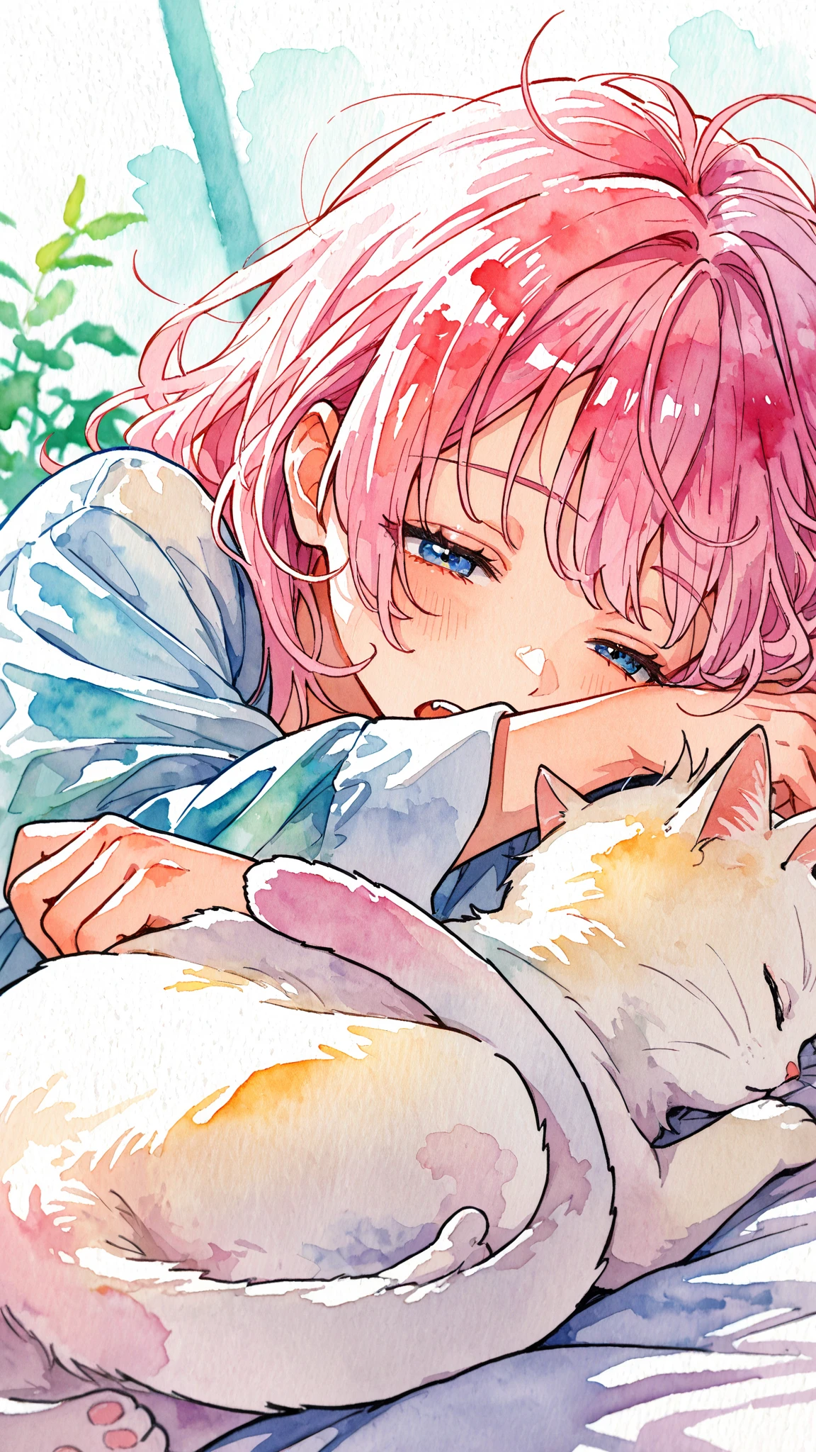 Colorful,(((Watercolor-style))),1girl,bold touch,(((Watercolor))),((no-outline)),((no- borders)),((dutch angle)),Sleepy face, sleepy yawn,Blurred,White cat hitting its head
