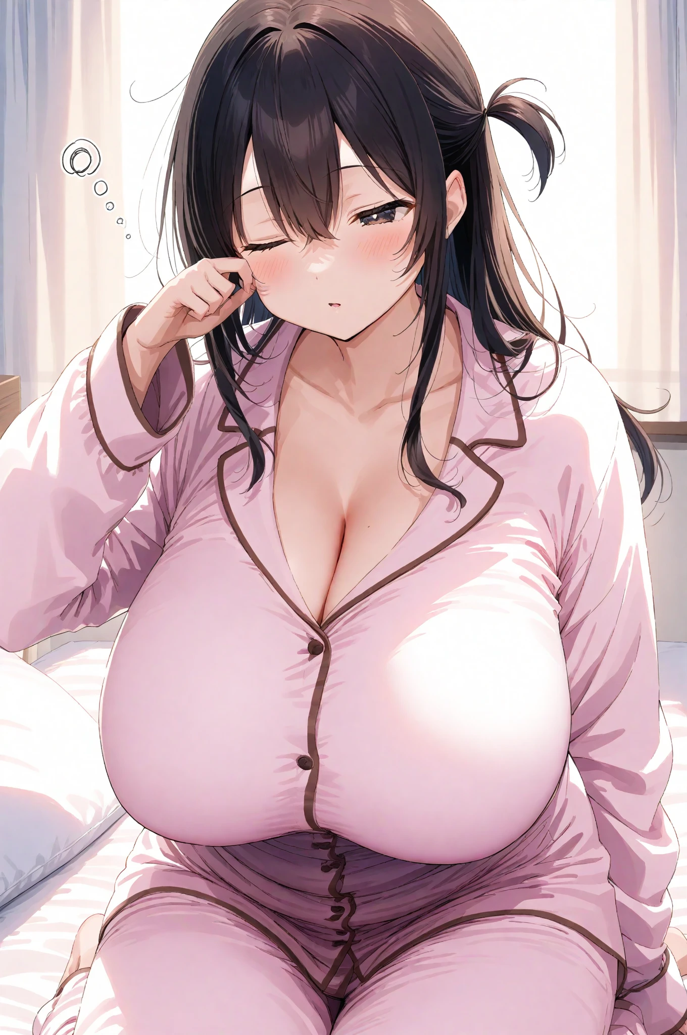 ((masterpiece)), ((detailed, high quality)), girl, cute face:1.2, soft brown hair, super straight hair, ((puppy ears down, floppy ears)), pink eyes, ((soft brown clothes)), cute clothes, bedroom, close-up, cute pose, very long hair, bug big breasts, gigantic breasts, fluffy bangs, sad expression, cute pose