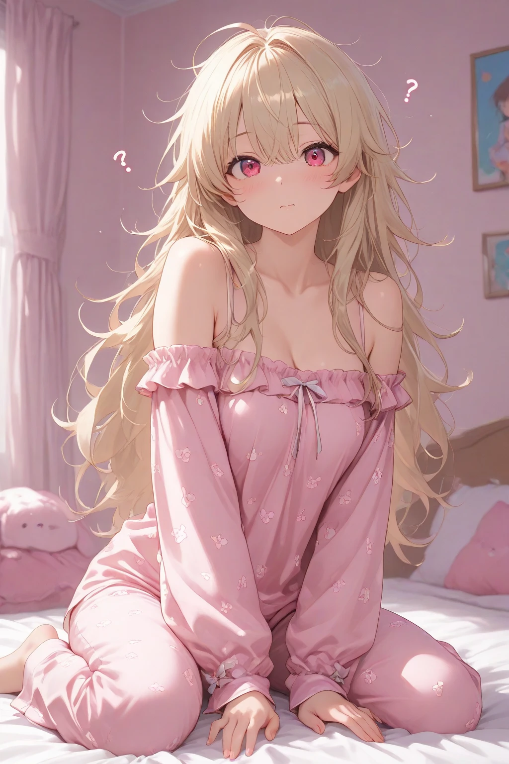 Adult woman, pink eyes, blonde hair, depression, night, bedroom