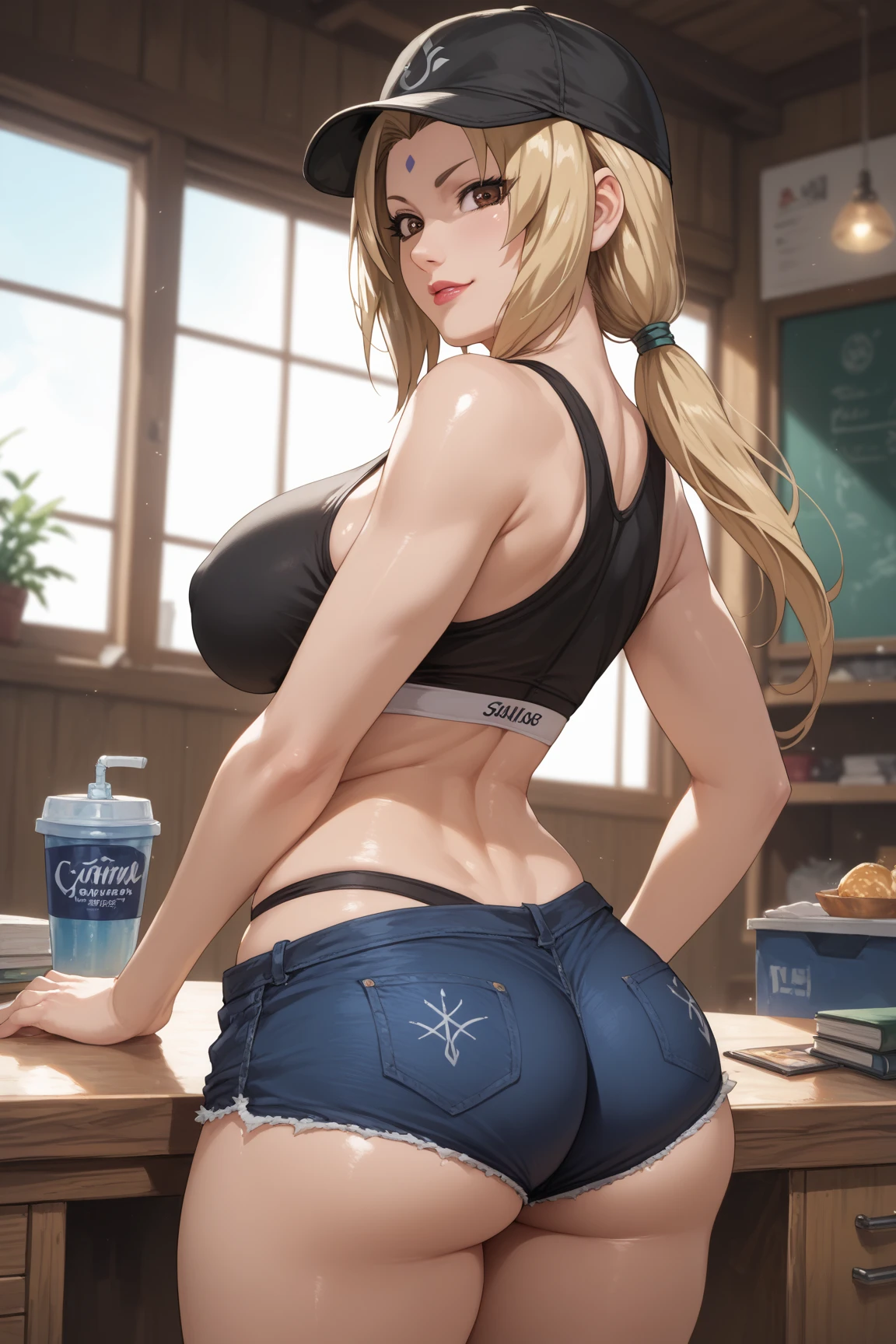 Very detailed、Highest quality、Best image quality、masterpiece、8K、(A kind smile)、(Blonde Hair)、(SFW Giant:1.5) 、(Big Breasts),(Thong:1.5),(garter straps),(Cowboy Shot)、(topless)、(Highleg)、(necklace)、(Rear view:1.5)、(Beautiful ass)