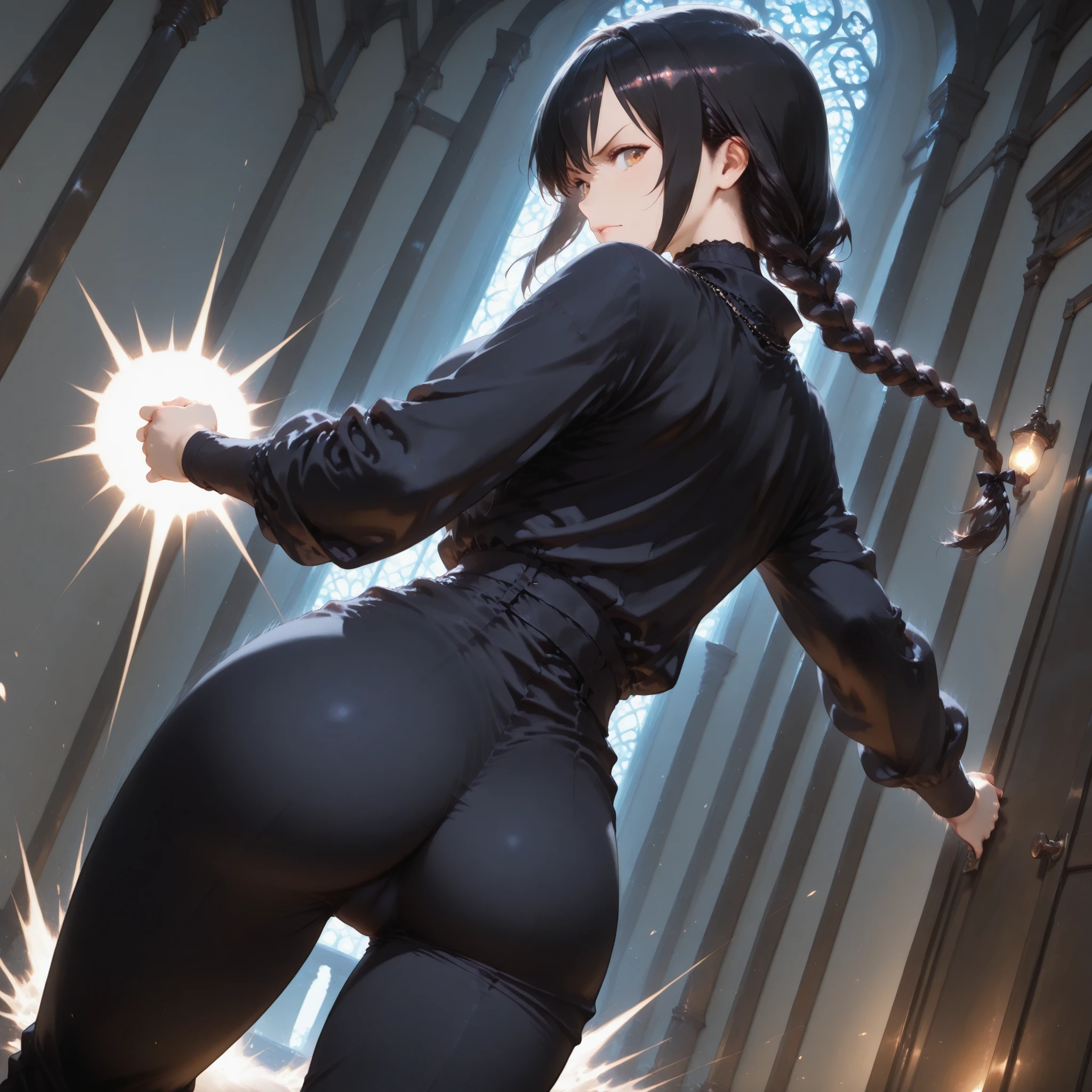 masterpiece, high quality, maki, wearing a leather suit, very short skirt, with visible ass, very small top, bald bottom with torches