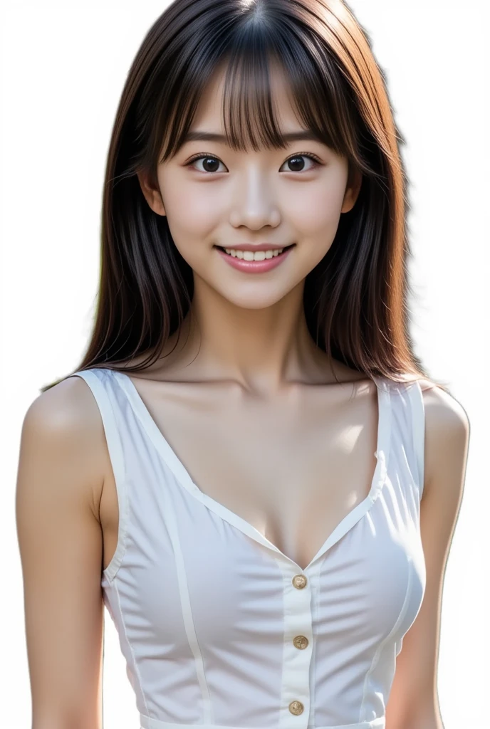 white background, highest quality, masterpiece, Ultra-high resolution, realistic:1.3, solo:1.3, ((Clear Face)), cowboy shot:1.1, from above, (glowing skin), (looking at camera:1.3), (black micro bikini), standing, (big busts:1.3), long cut, smile, show under bikini