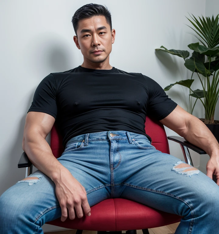 50 year old handsome asian boss. Very tight suit and a big bulge. Thick thighs sitting on a chair. Masculine handsome asian face.
